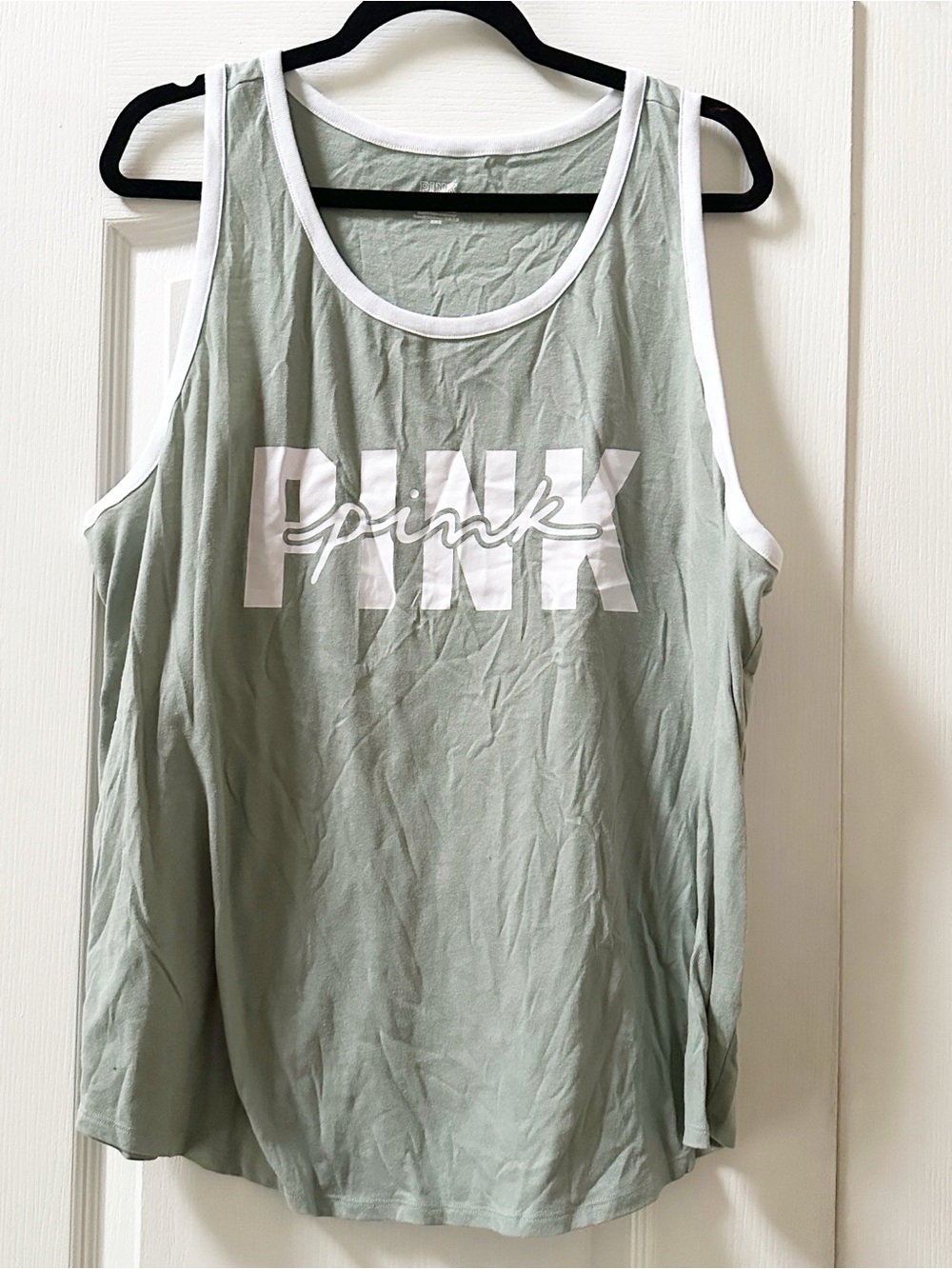 PINK Victoria's Secret Sage Green Tank with White Trim